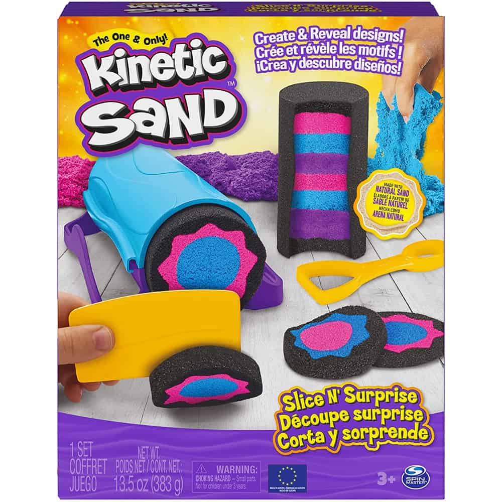 6063482  Kinetic Sand, Slice N` Surprise Set with 13.5oz of Black, Pink  and Blue Play Sand and 7 Tools