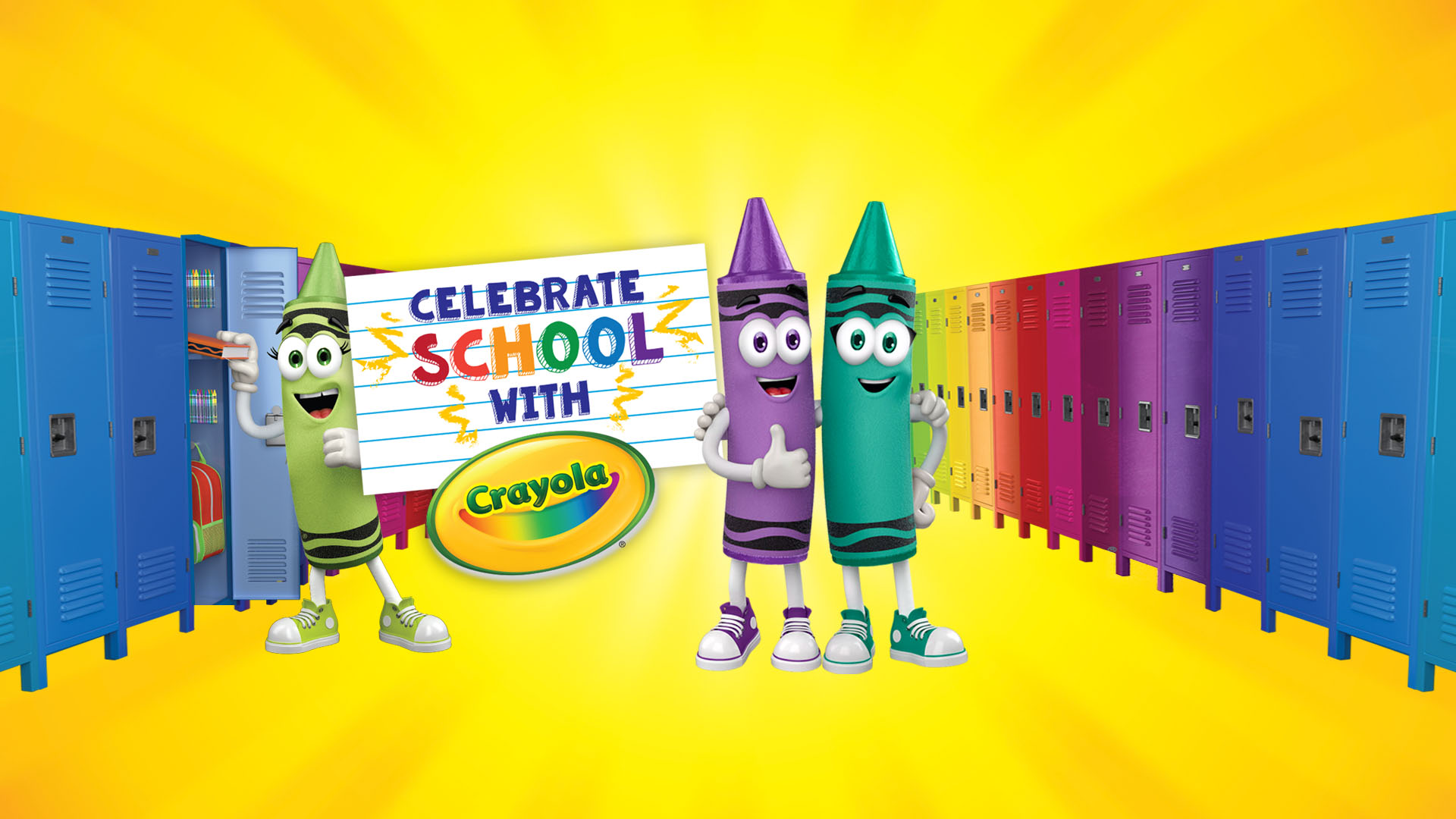Crayola banner of 3 crayons infant of school lockers holding a back to school banner.