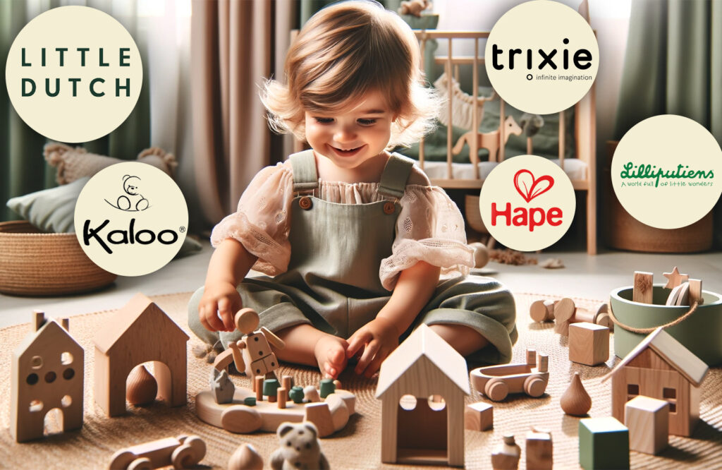 Toddler playing with wooden building blocks from Boutique Toys collection