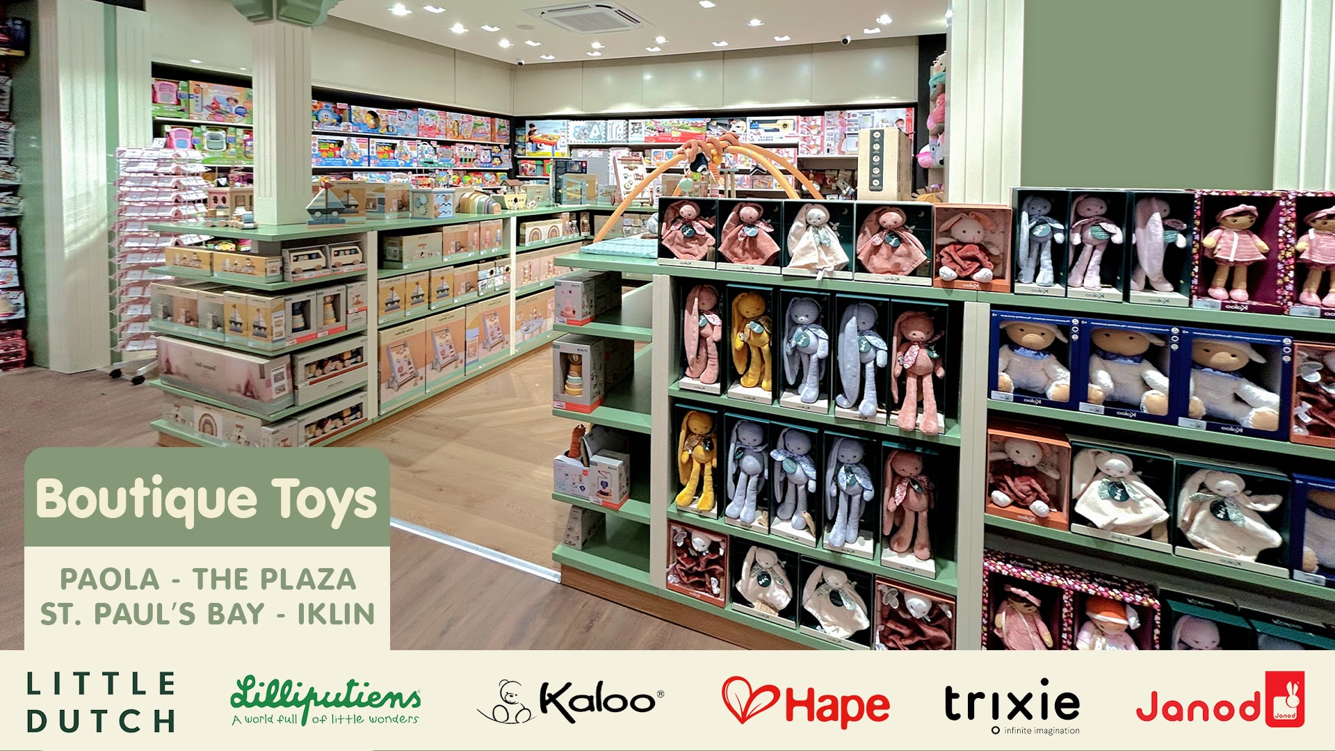 Specialty boutique toys arranged on shelving units, featuring soft dolls and learning games.
